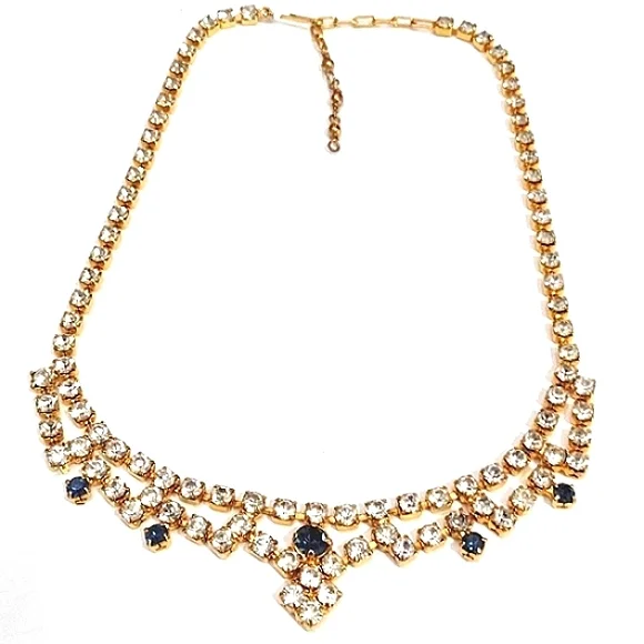 VINTAGE DARK BLUE CLEAR RHINESTONE CHOKER COLLAR BIB 15-18" NECKLACE - Picture 2 of 11